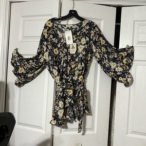 100% polyester material blue floral wrap blouse